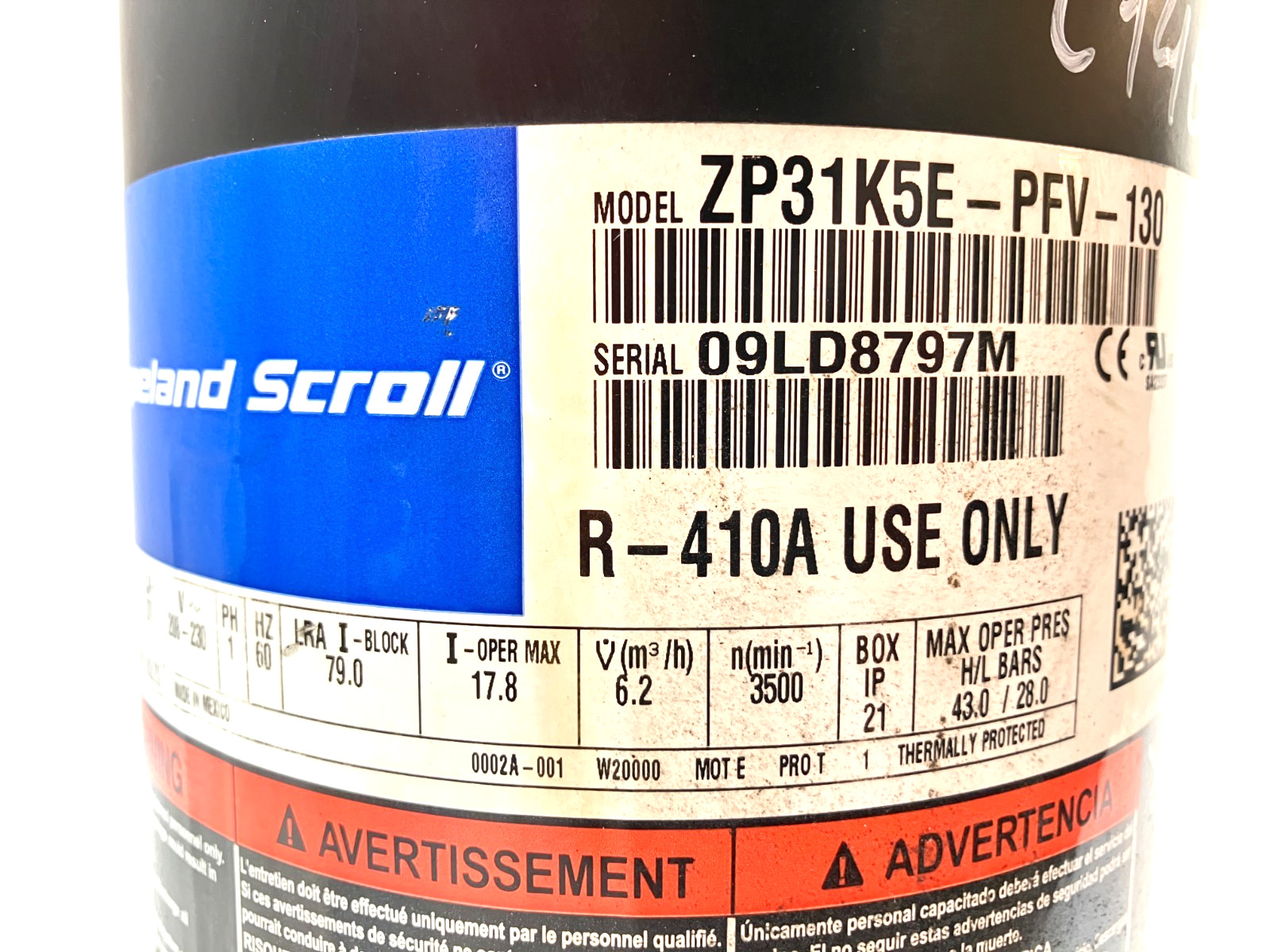Copeland 2.5 Ton Scroll Compressor ZP31K5E-PFV-130 R410A 208/230V 1 PH used C146