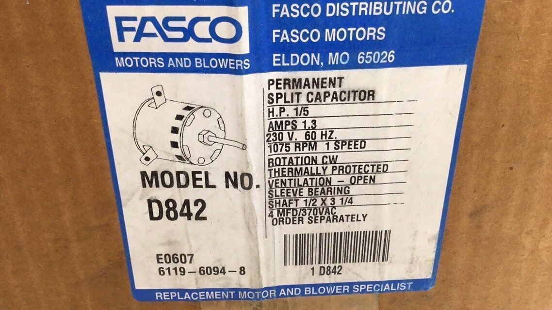 Fasco D842 Motor 1/5 HP 230V 60HZ 1075 RPM 1 Speed
