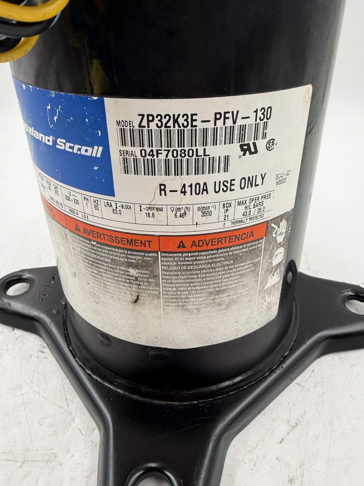 Copeland 2.5 Ton Scroll Compressor ZP32K3E-PFV-130 R410A 208/230V 1 PH #A1-29