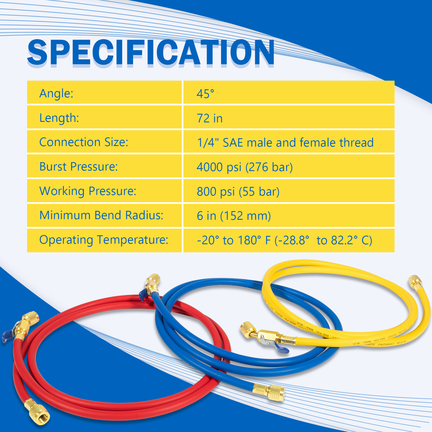 29986 Plus II 72″ Hose 1/4″ Compact Ball Valve End Refrigerant Charging Hose Set