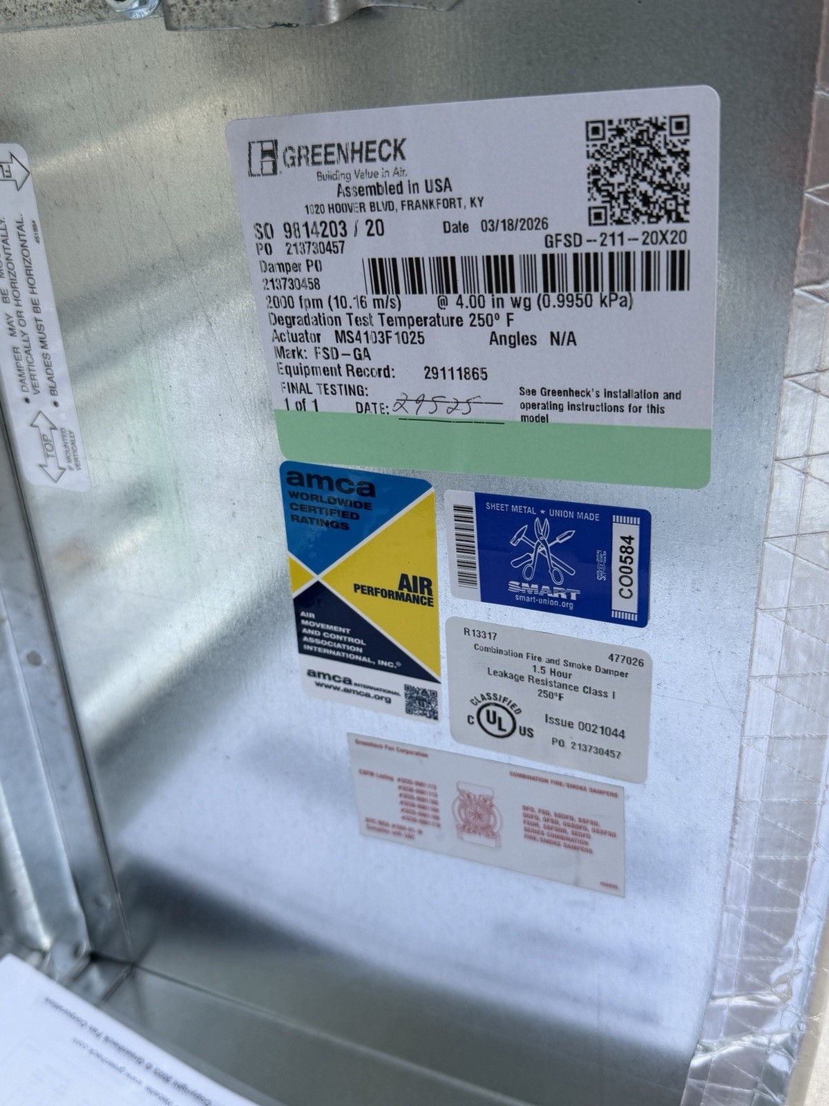 Greenheck GFSD-211 20×20 Fire And Smoke Damper