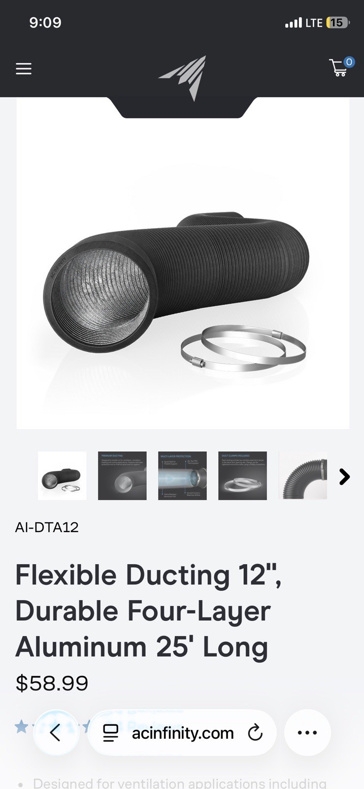 AC Infinity AI-DTA12 Flexible Round Duct Hose 12 in x 25 ft Black – MSRP $58.99