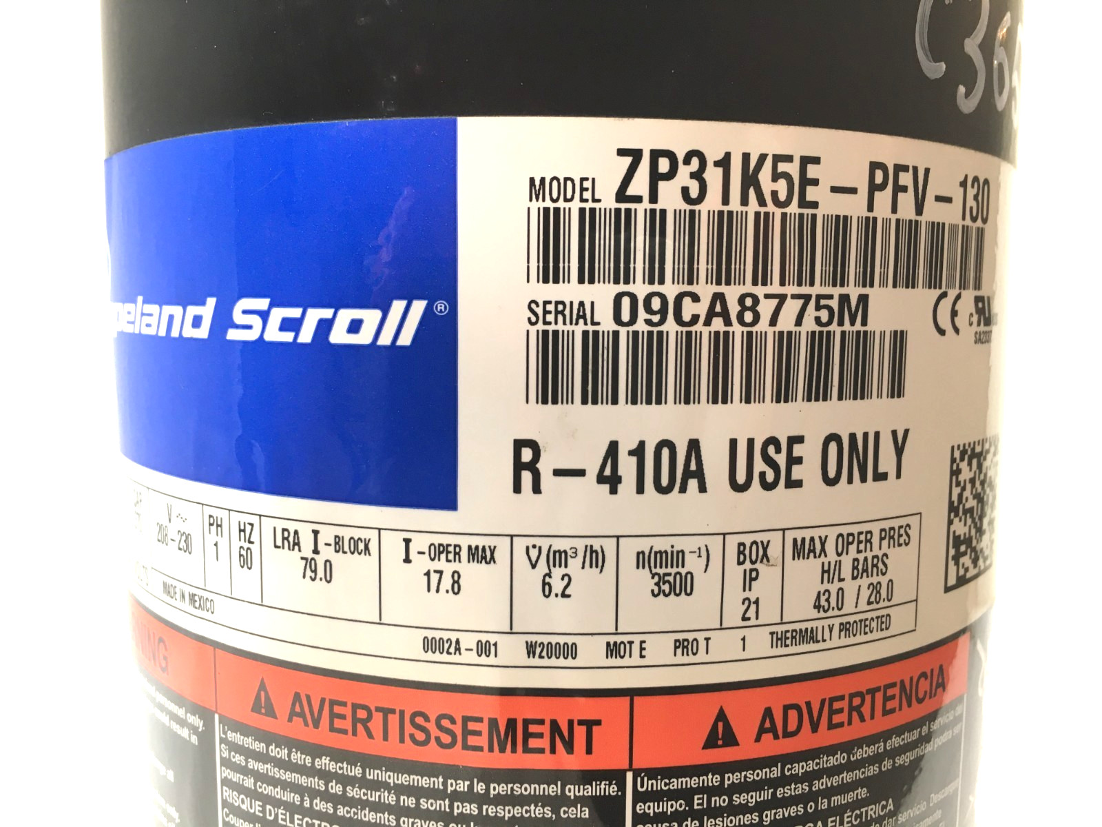 Copeland 2.5 Ton Scroll Compressor ZP31K5E-PFV-130 R410A 208/230V 1 PH used C365