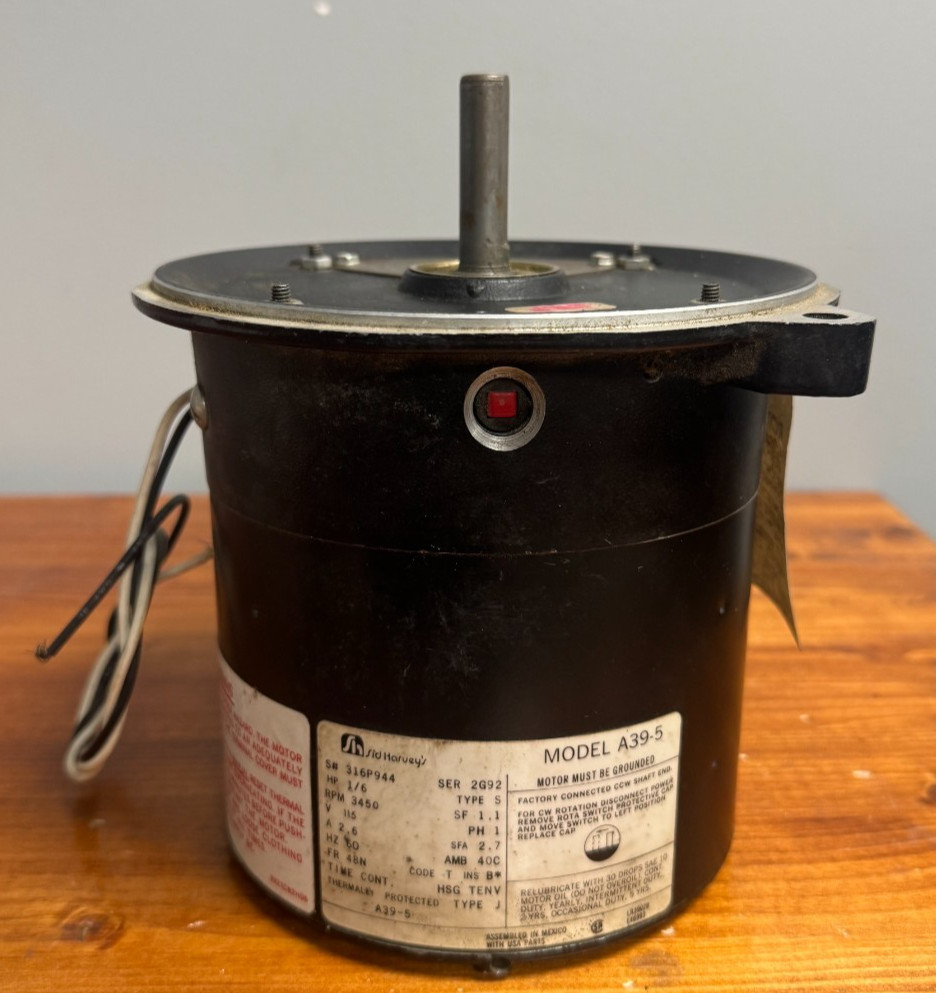 Sid Harvey A39-5 Oil Burner Motor 1/6 HP 115V 3450 RPM 48 Frame Single Phase