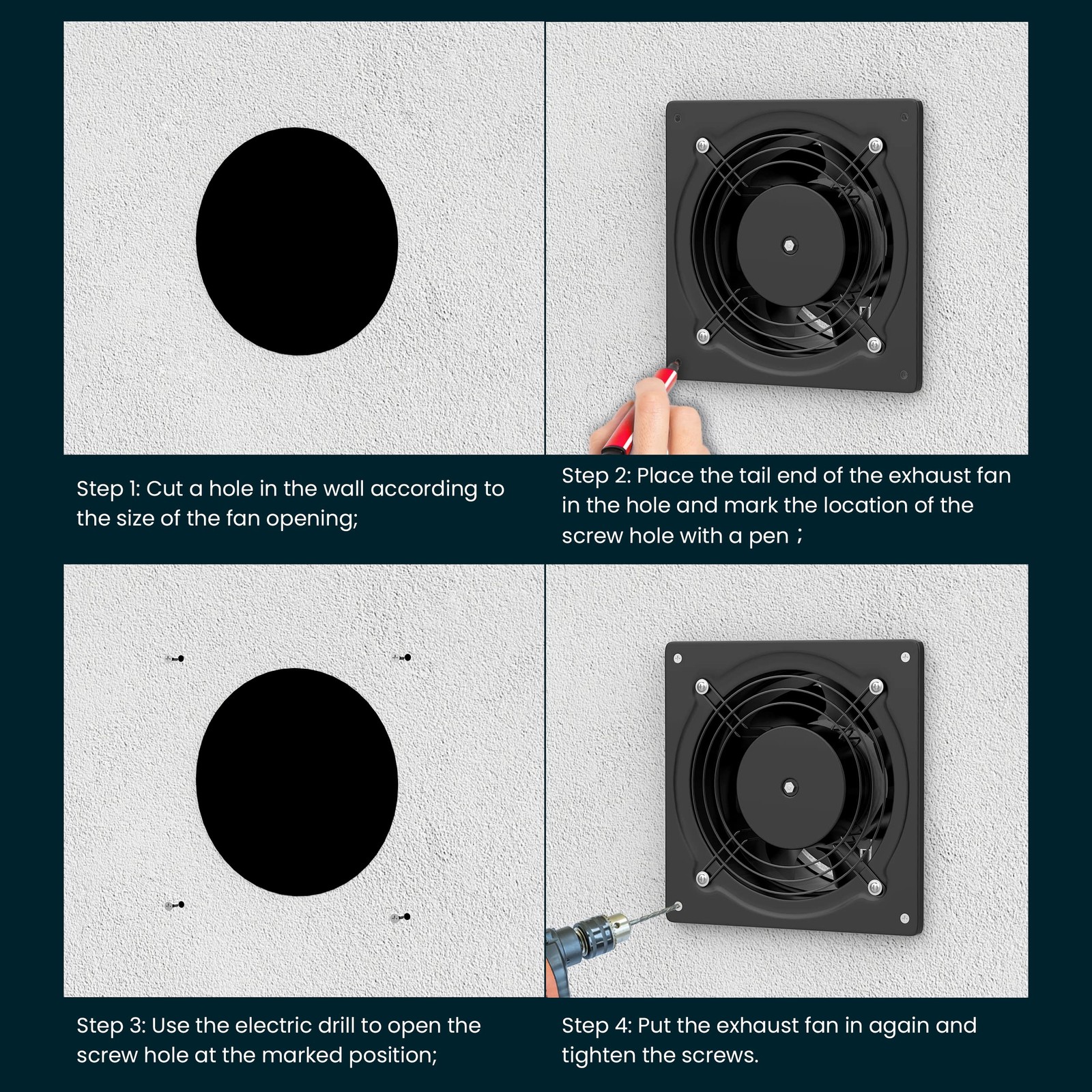 HG Power 6 Inch Exhaust Fan, 308CFM Wall 6 Inch(No Speed Controller), Black