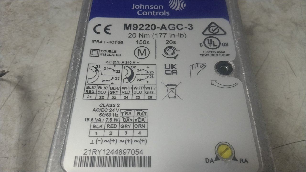 Johnson Controls M9220-AGC-3 24VAC/DC 177 In-Lb Torque Spring Return Actuator