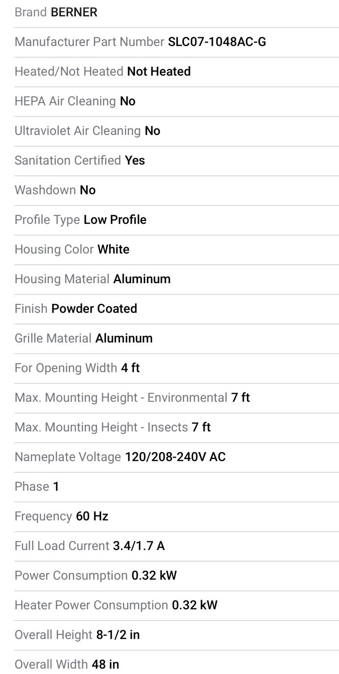 Berner SLC07-1048AC-G Low Profile Air Curtain, 8 1/2 in D, 48 in W, 1360 cfm