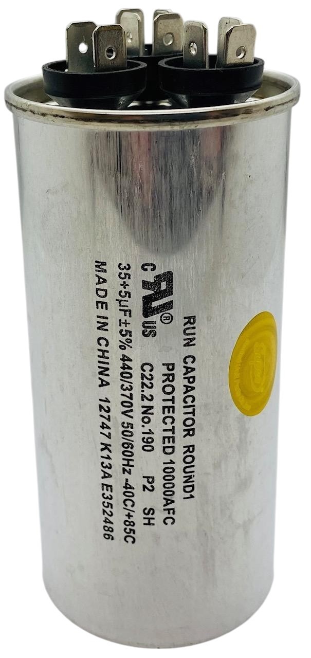 Dual Run Capacitor, Round, 35 + 5 Mfd., 440 Volt, CD35+5X440R