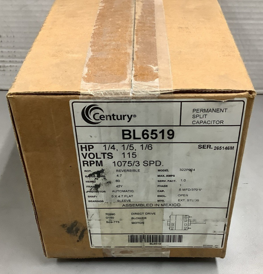 Century BL6519 1/4, 1/5, 1/6HP 1075RPM 3-Speed 115V AC Blower Motor (R106)