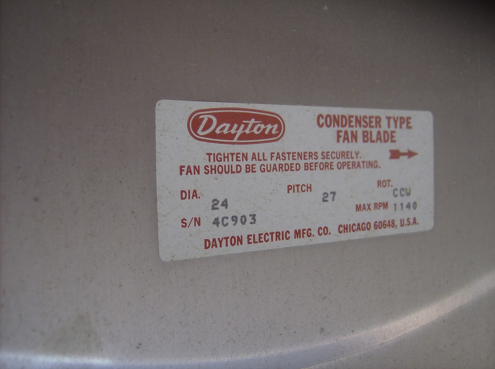 DAYTON CONDENSER TYPE FAN BLADE 24″ DIAMETER 27 DEGREE PITCH 4C903