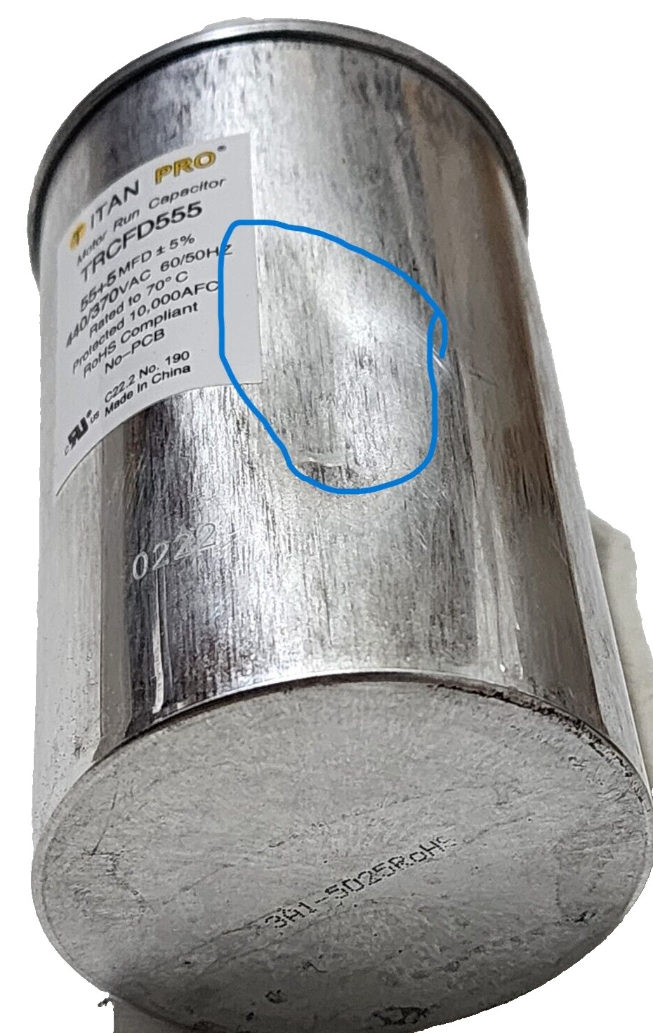 TitanPro TRCFD555 HVAC Round Motor Run Capacitor 55+5 MFD, 440/370Vac