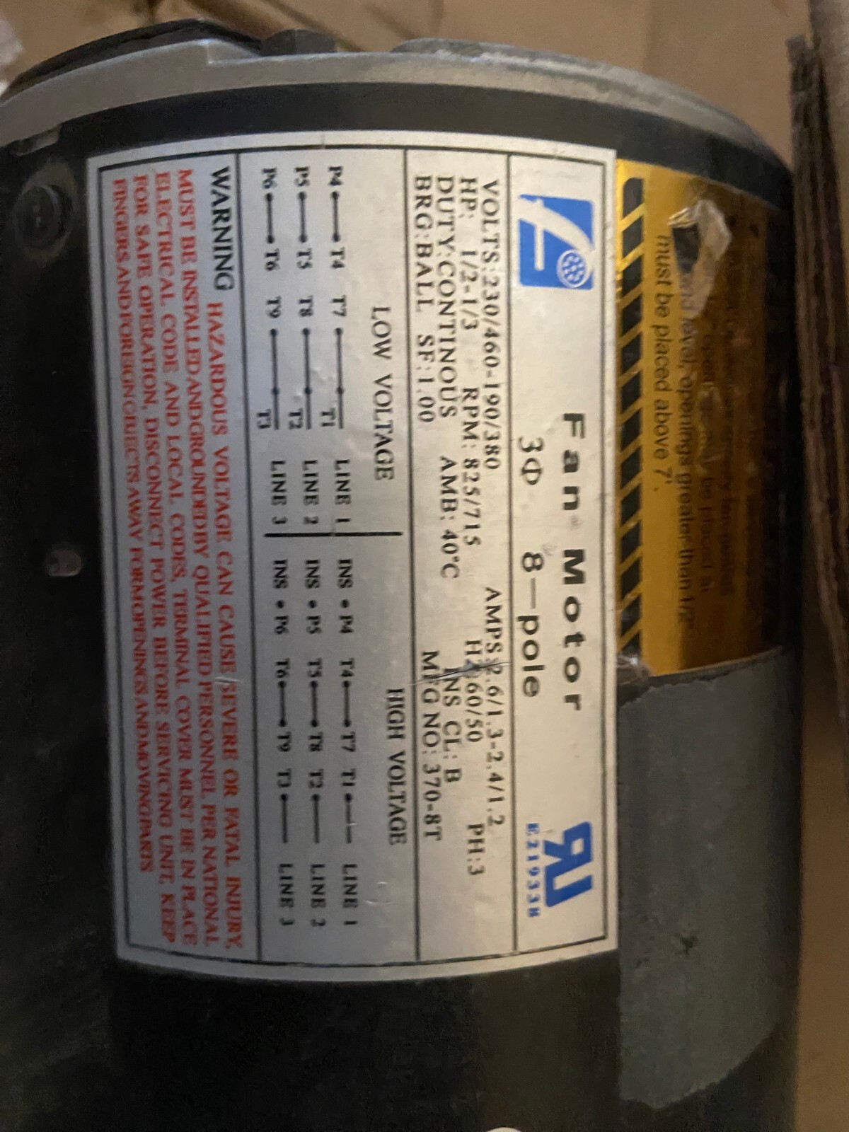 FAN MOTOR 3 Phase 1/2 HP 2.6 amps 825 rpm 230/460 #370-8T “Free Ship”