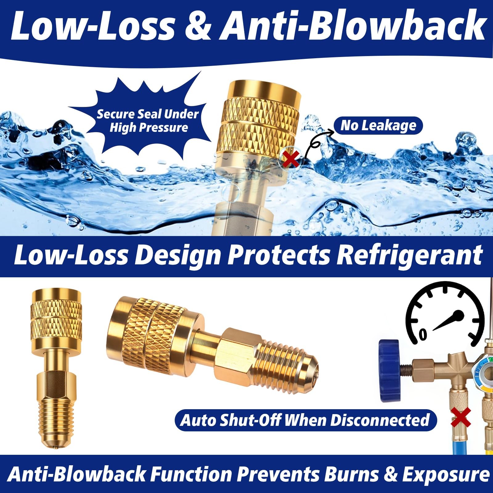 2-Pack R32 R454B Refrigerant Brass Adapter, 1/4″ Female to 1/4 inch, Gold