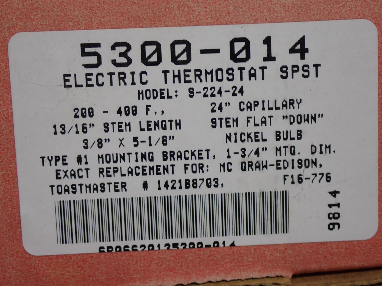 5300-014 ROBERTSHAW ELECTRIC THERMOSTAT SPST MODEL 9-224-24