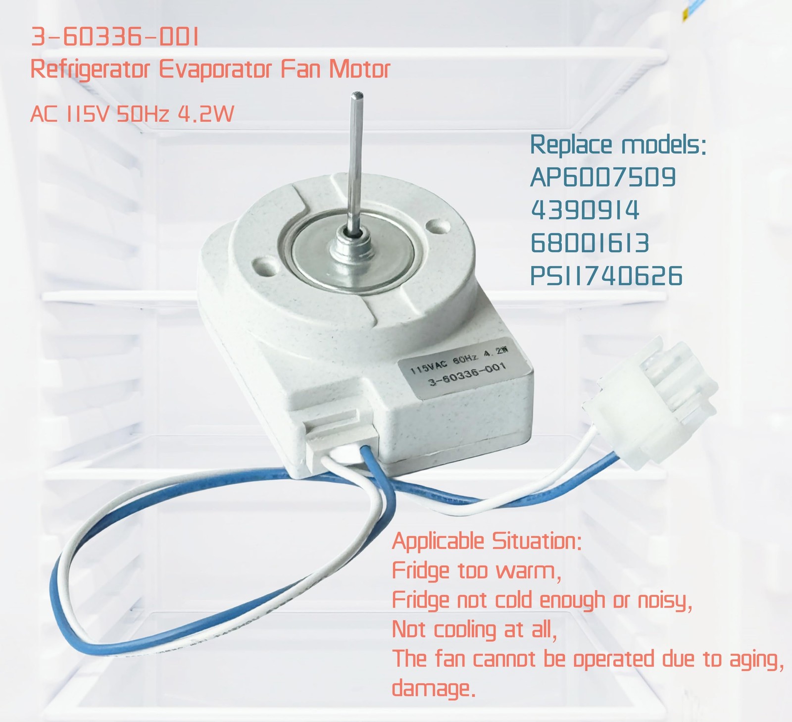 3-60336-001 Freezer Evaporator Fan Motor Compatible with Whirl-Pool Maytag…