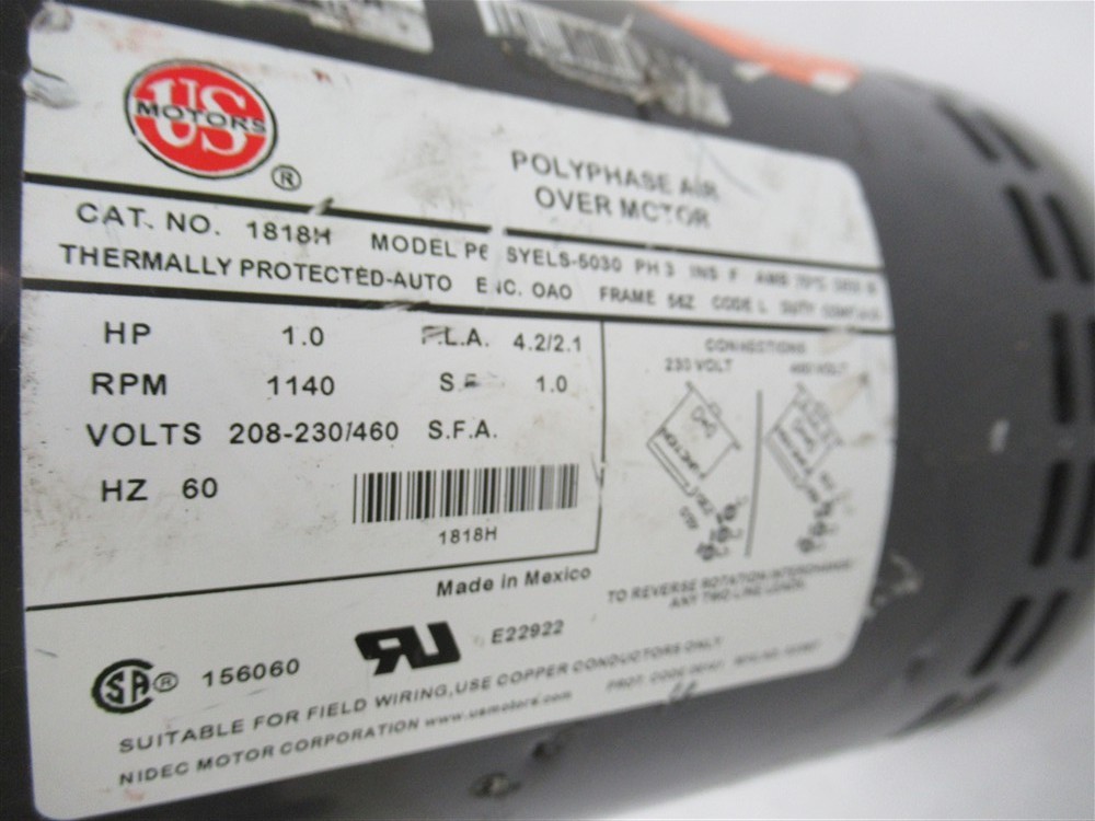 US Motors 1818H, 1 HP Condenser Motor, 208-230/460 Volts, 1140 RPM, 3 Phase