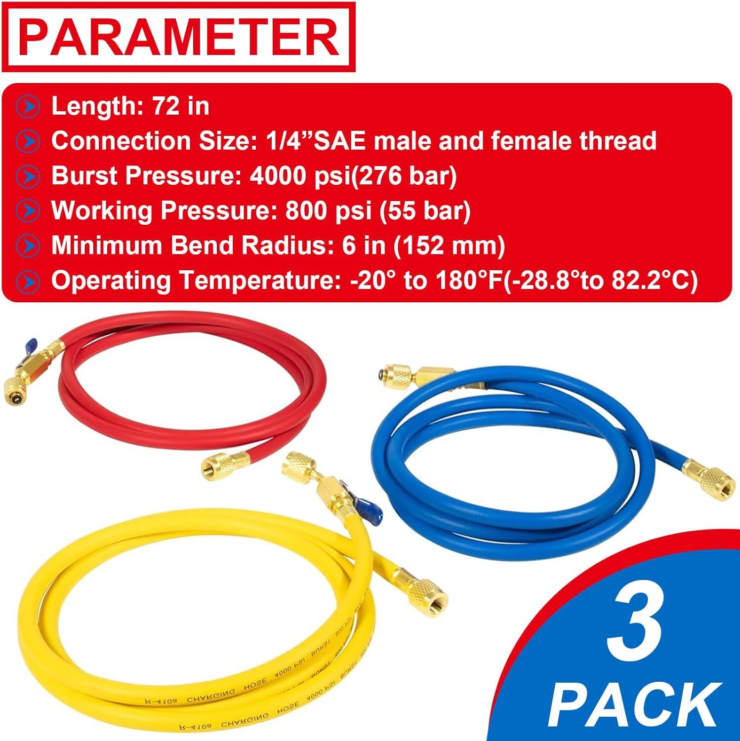 3Pack 29986 Plus II 1/4″ Red Blue Yellow Charging Hose Compact Ball Valve 72″