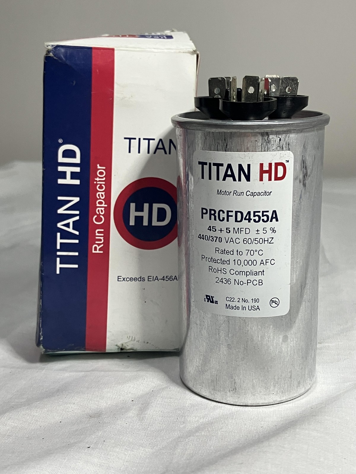 Titan HD PRCFD455A 45+5 MFD 440/370V Heavy Duty Dual Run Capacitor USA Made