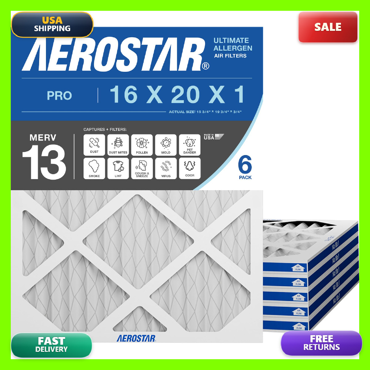 Aerostar 16X20X1 Merv 13 Air Filter 6 Count Actual Size 15.50 X 19.50 X 0.75