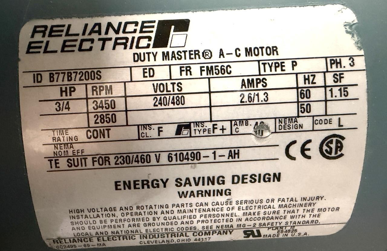 Reliance Duty Master 3/4 HP Centrifugal Blower 3450 RPM 240/480V 50/60Hz 3 Phase