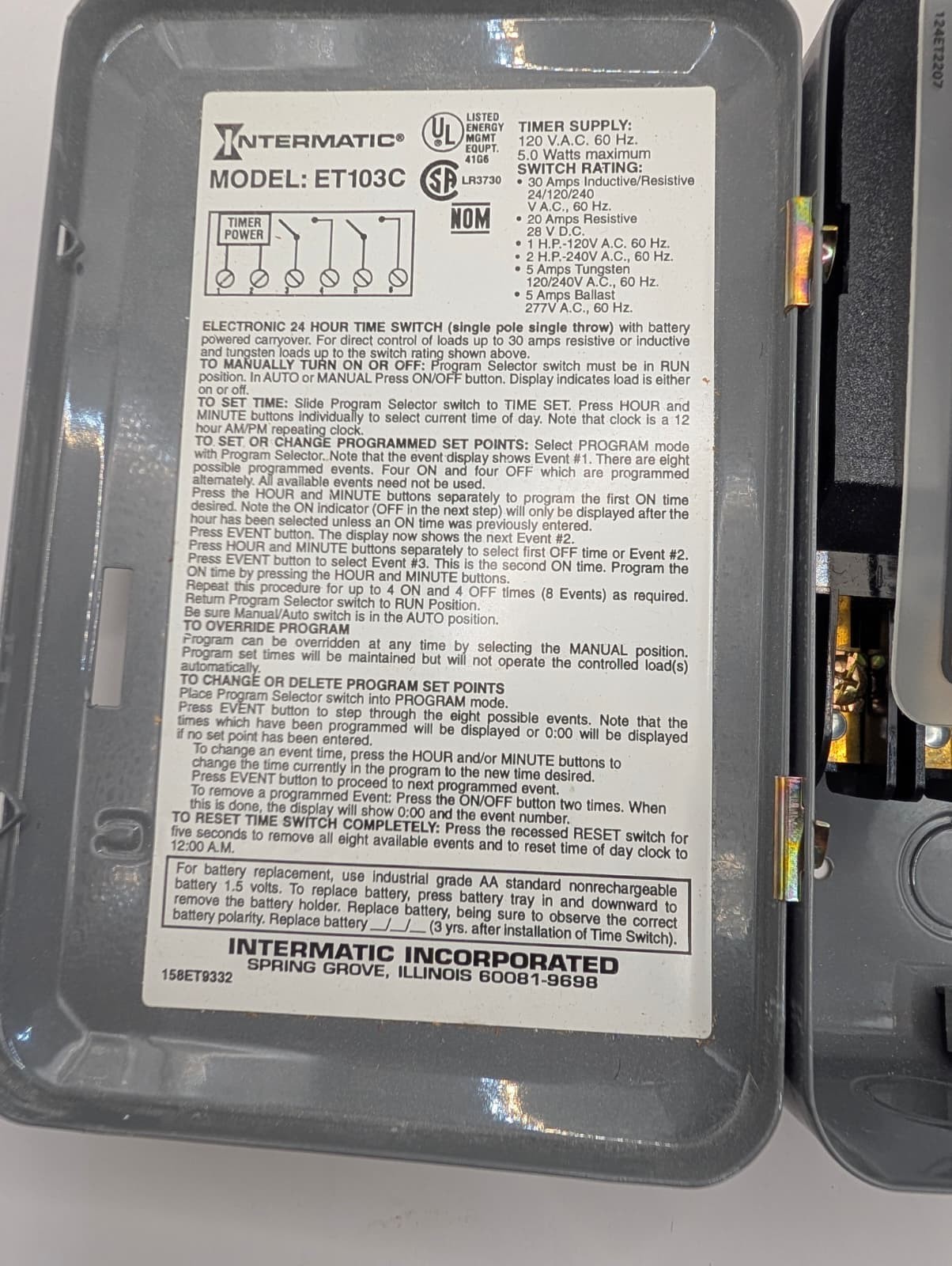 Intermatic ET103C Electronic 24 Hour 1 Circuit Time Switch DPST 30A New Open Box