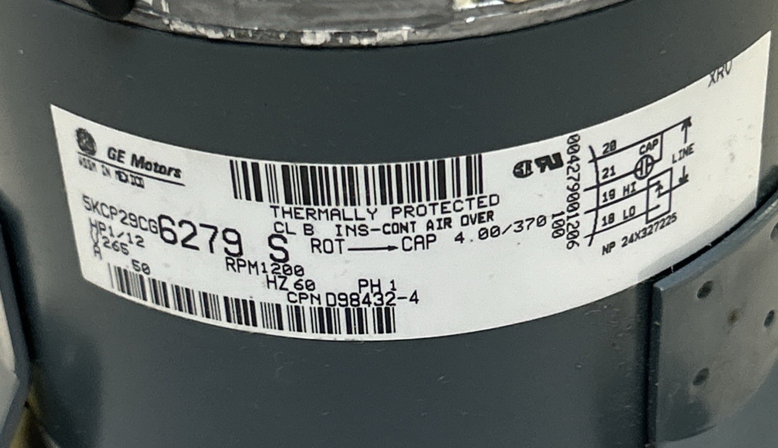 GENERAL ELECTRIC,5KCP29CG6279,BLOWER MOTOR 1/12HP 1200RPM 1PH 265V NOS