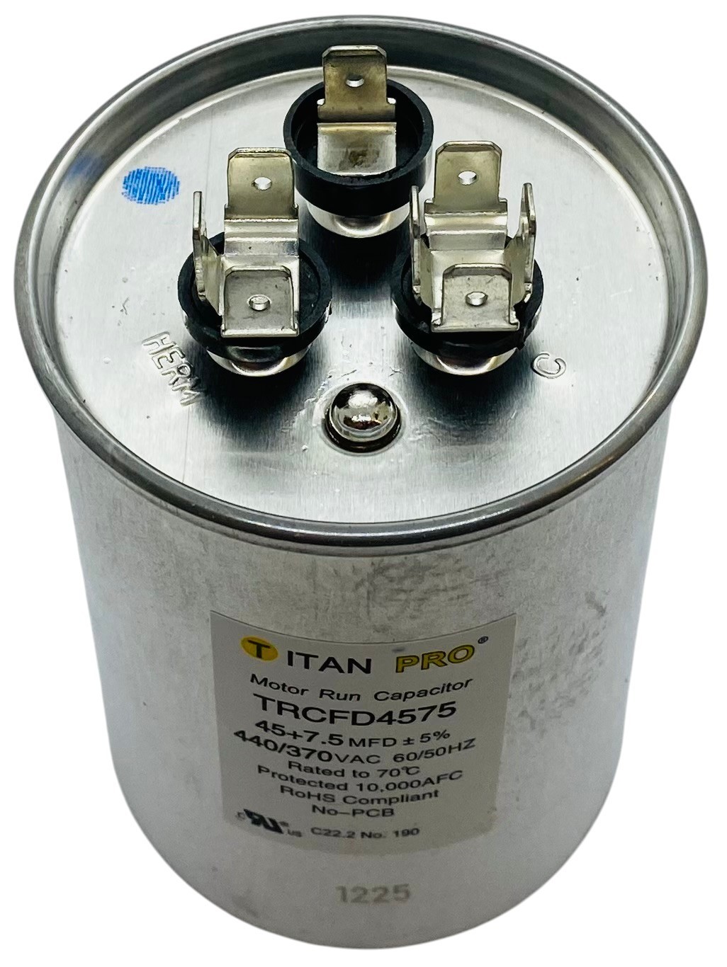 Titan Pro® Motor Run Capacitor | Round | 45 + 7.5 MFD | 370/440 Volt | TRCFD4575
