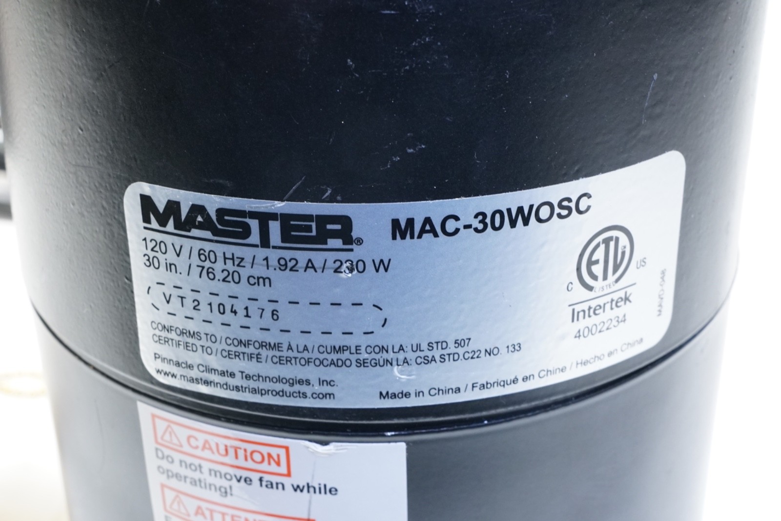 Master 120v Wall Mount Fan Motor 120V 60Hz MAC-30WOSC 1.92 A 230W 30″ Ships FREE