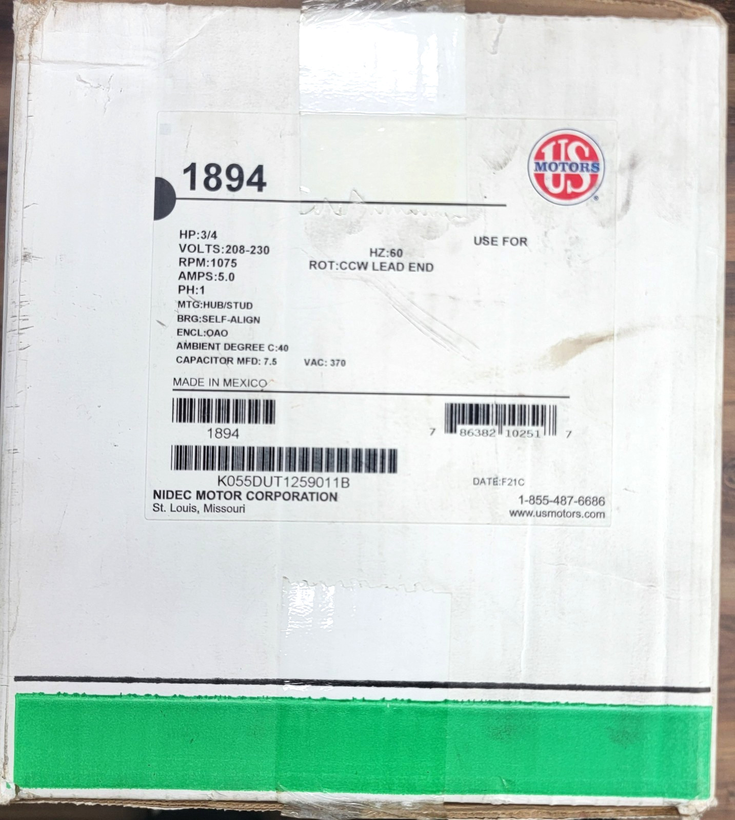US Motor 1894 3/4 hp 1075 rpm 6 Poles 2 Shaft OAO 3 Speed CCW 208-230 New Sealed