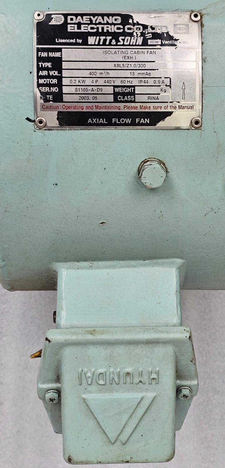 Daeyang Electric Co. X8L5/Z1.0/300 0.2 KW 60 HZ 440V ISOLATING CABIN FAN