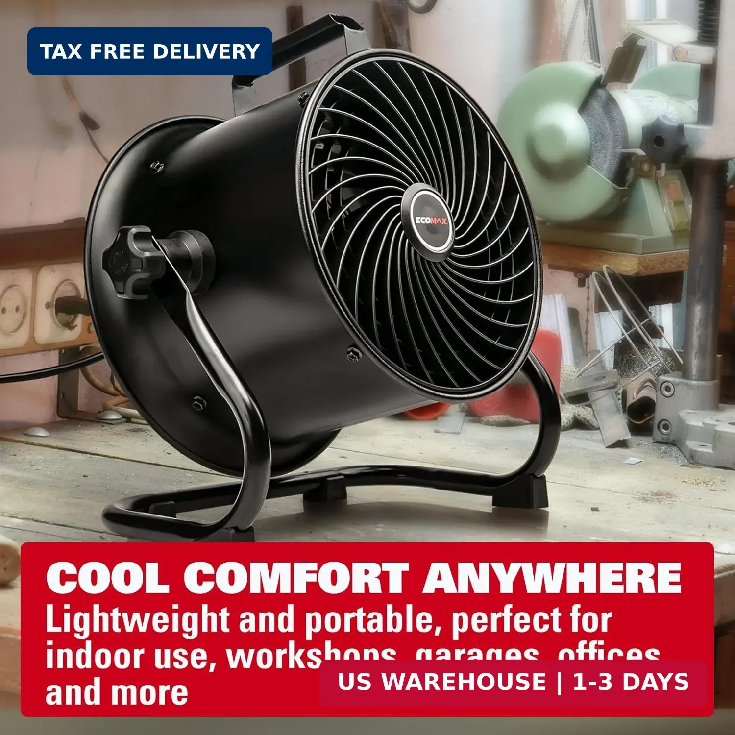 ECOMAX 10-Inch Drum Fan, 900CFM 3-Speed Industrial Floor Fan with 360° Tilt Head