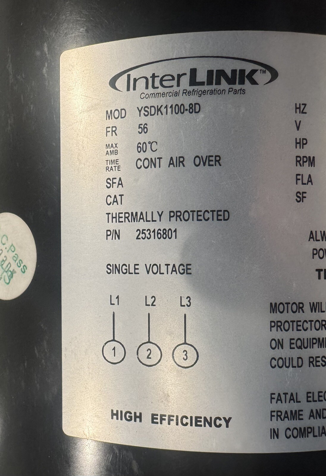 Interlink YSDK1100-8D Refrigeration Motor 1.5 HP 850 RPM Heatcraft 25316801 NEW!