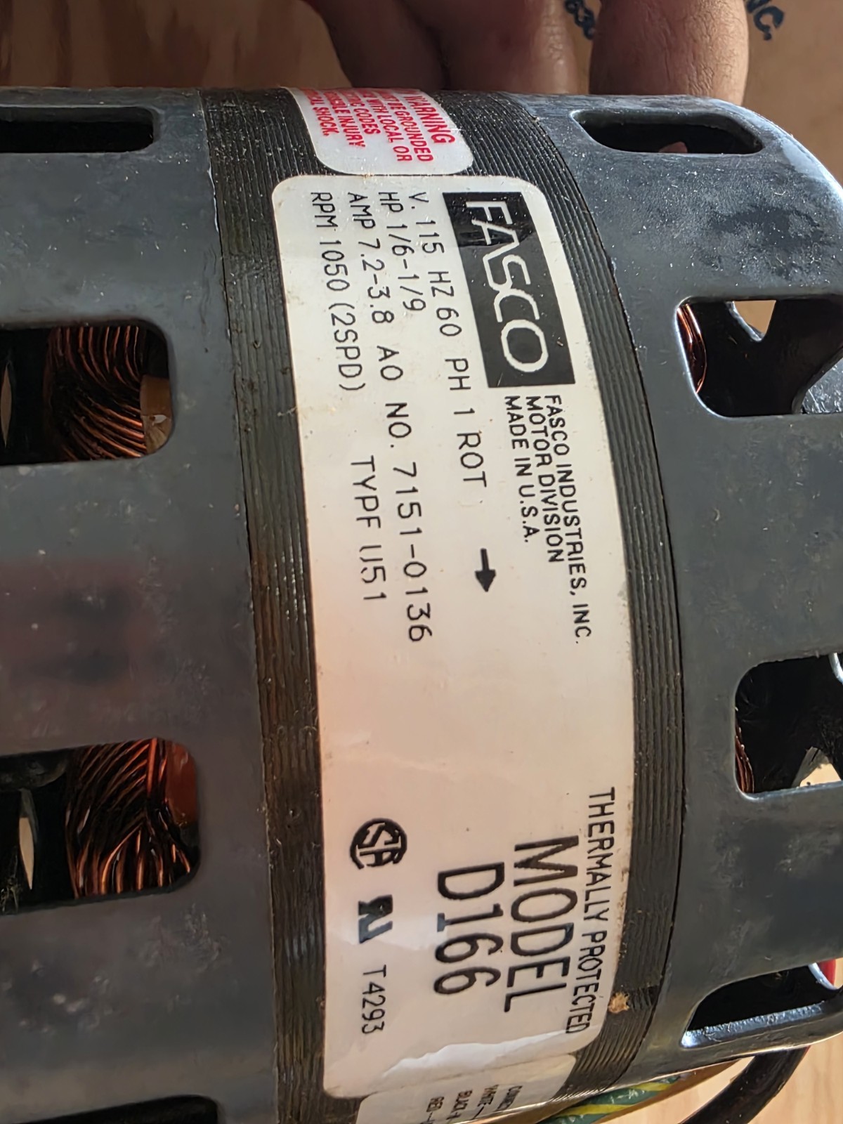 NEW Fasco D166 Blower Motor 1/6-1/9 HP 115V 1050 RPM 2-Speed Shaded Pole NOS￼