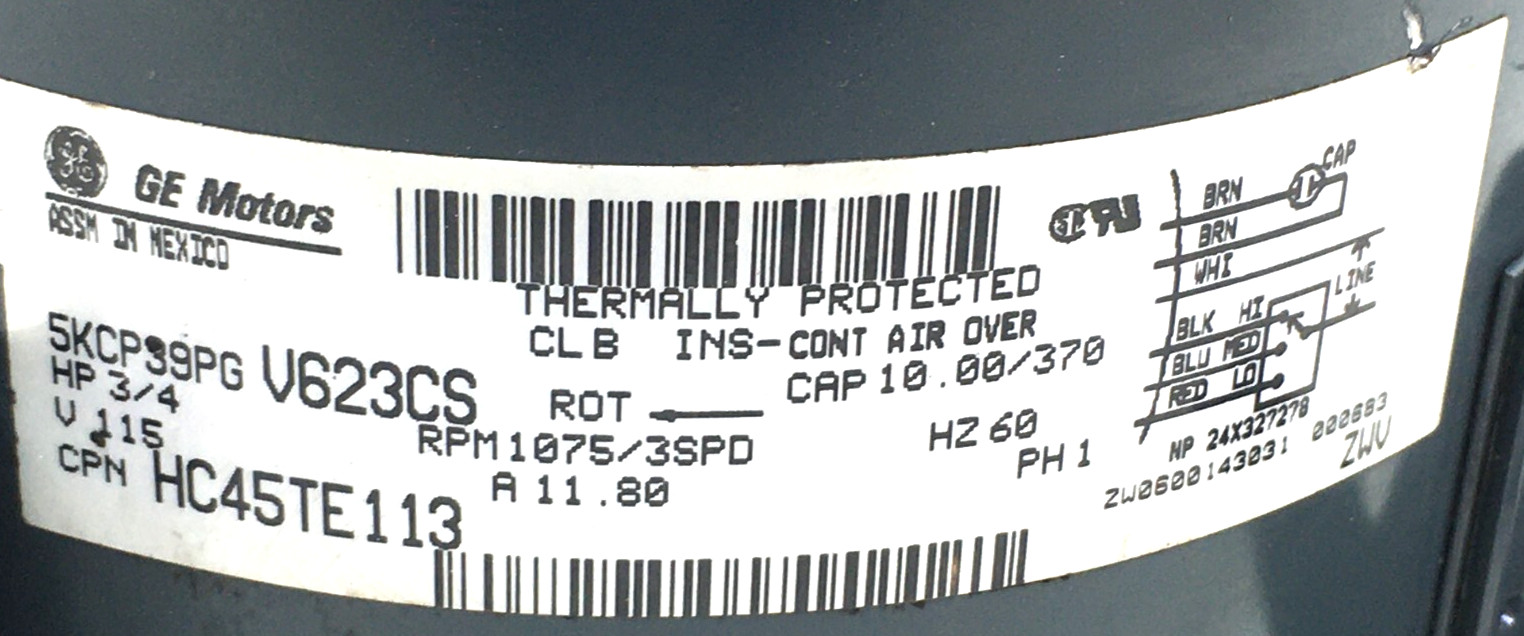 GE 5KCP39PGV623CS Blower Motor 3/4 HP 115V HC45TE113 RPM 1075/3SPD used #CMB264