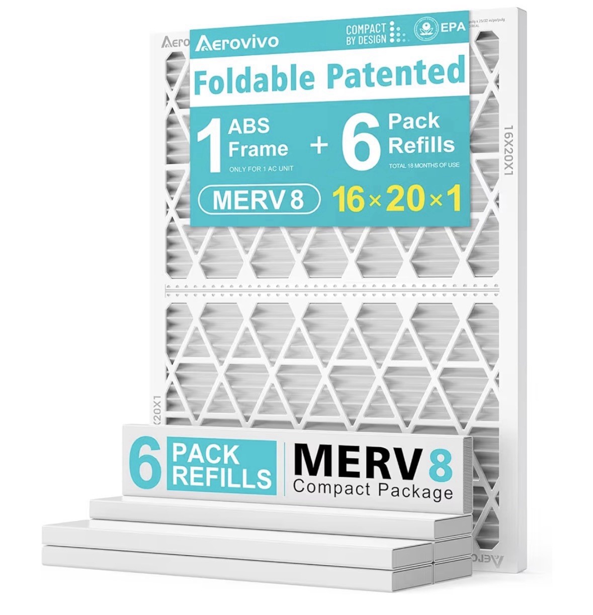 AErovivo 16x25x1 MERV8 Refillable Air Filter Starter Kit, 1 Reusable