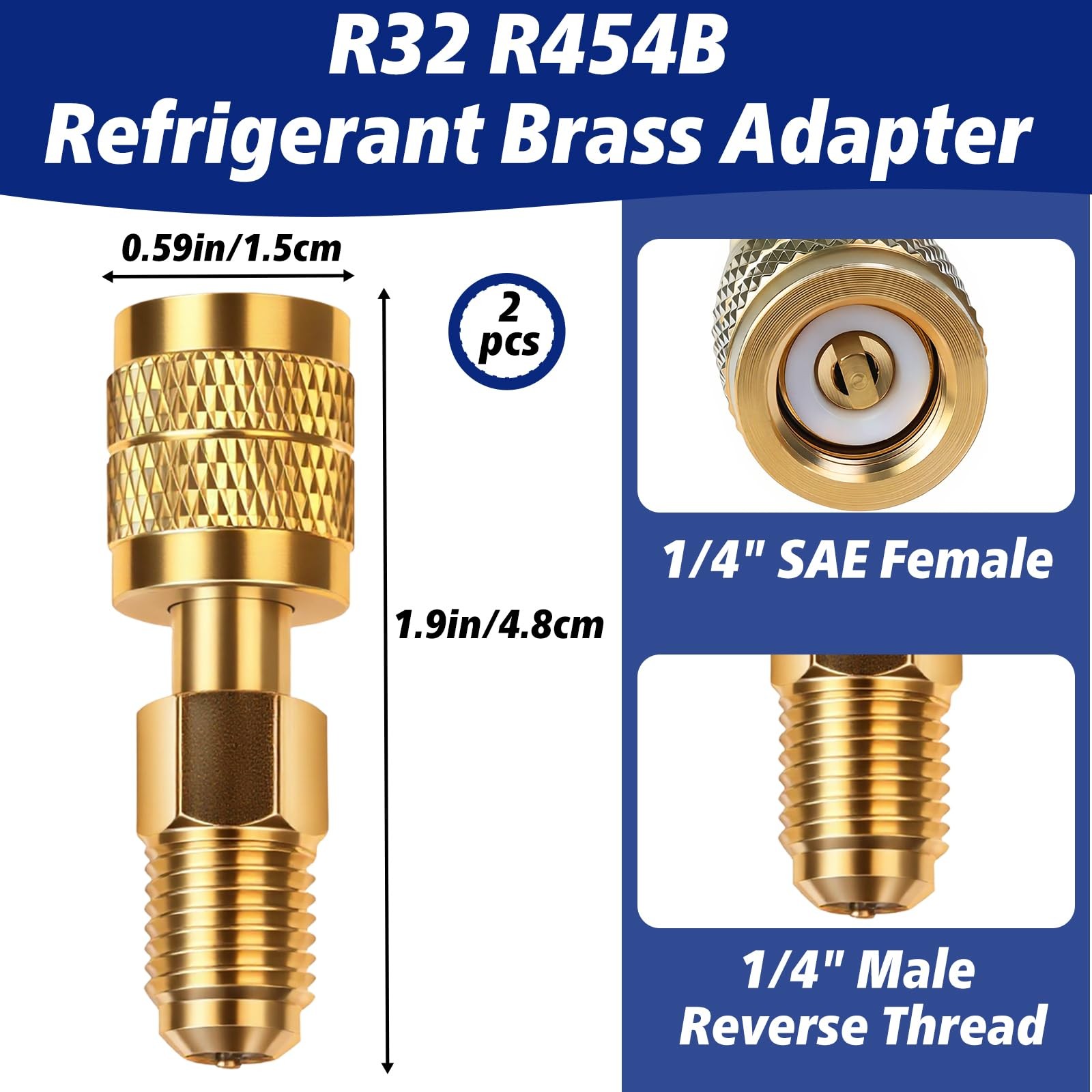 2-Pack R32 R454B Refrigerant Brass Adapter, 1/4″ Female to 1/4 inch, Gold