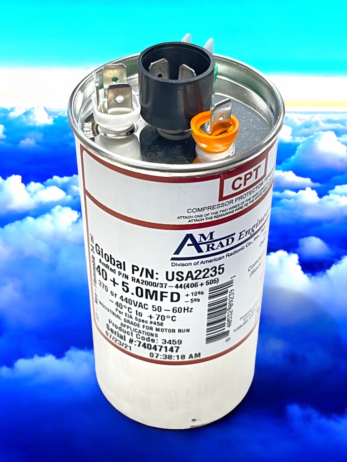 AmRad USA2235 Round Run Capacitor 40+5 uF MFD 370 / 440 Volt Made in USA