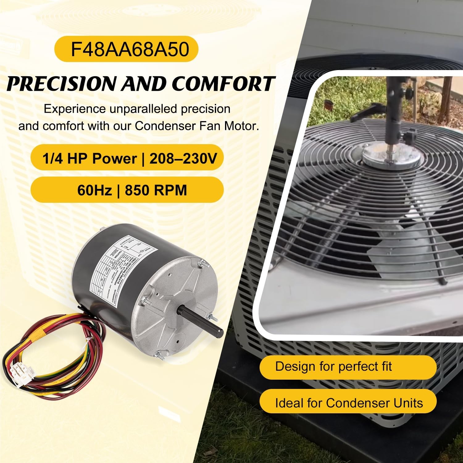 1/4HP AC Condenser Fan Motor 208-230V 850RPM Replaces F48AA68A50 CW