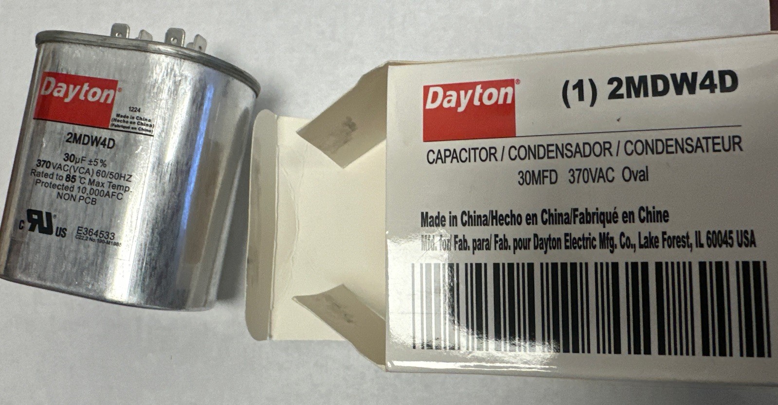 Dayton Motor Run Capacitor 30uF 370V 2MDW4D HVAC Oval Non PCB