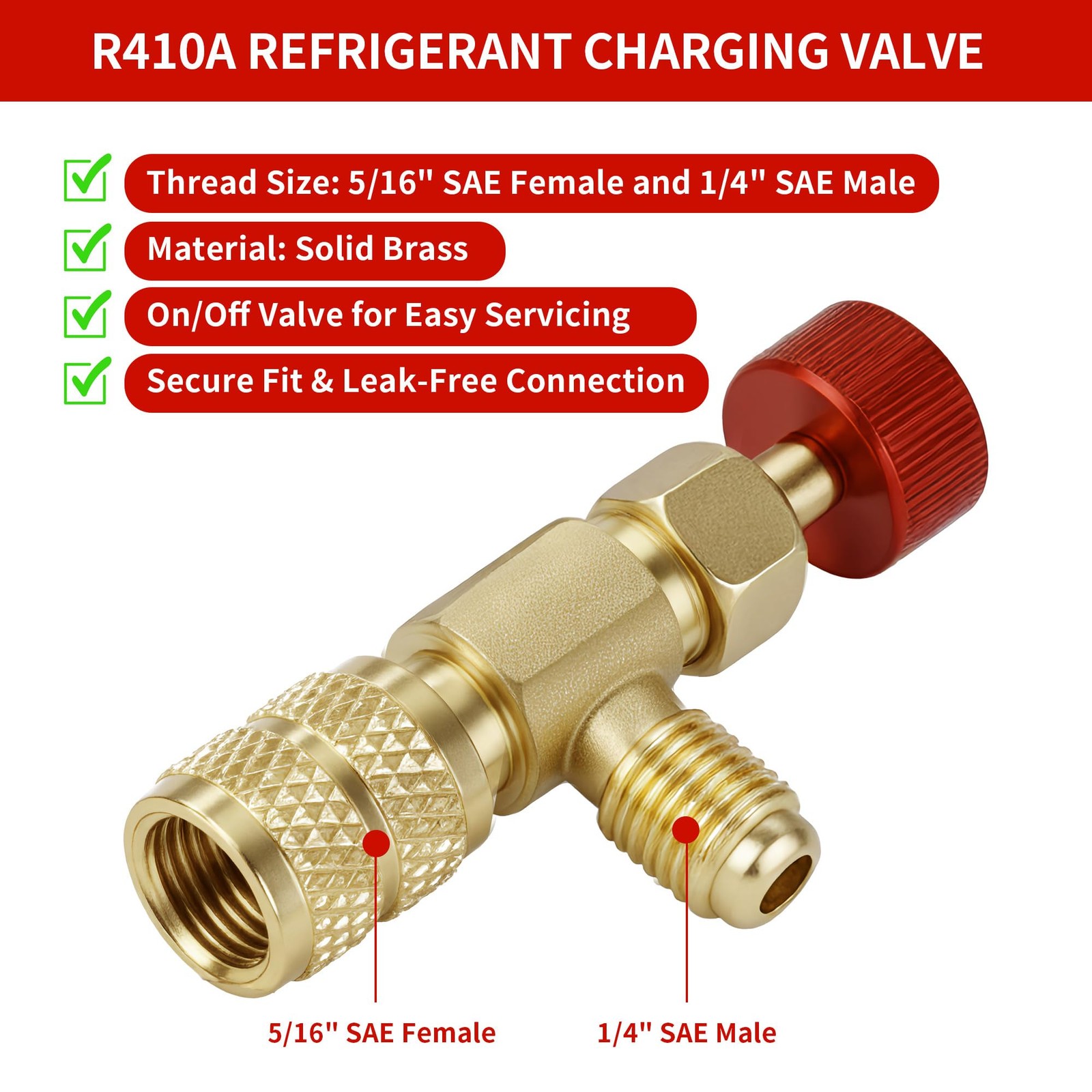 Refrigerant Charging Valve Set, 5/16″ Safety Adapter Flow R410A, Brass