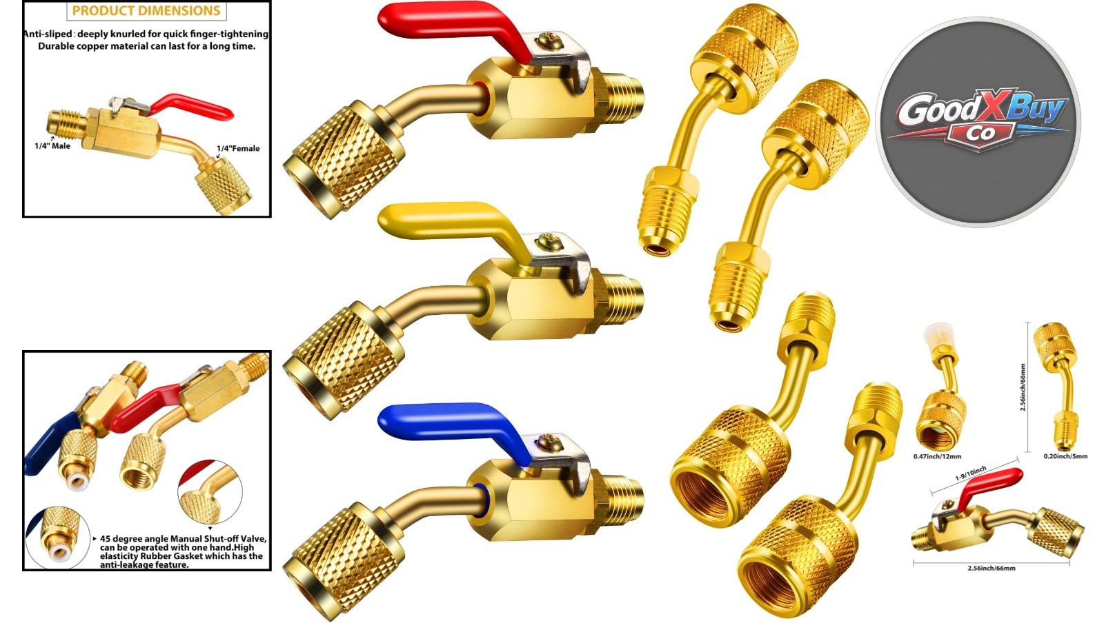 7 Pcs HVAC Ball Valve & Adapter Set 1/4 Inch for R410A R134A R12 R22 Copper Gold