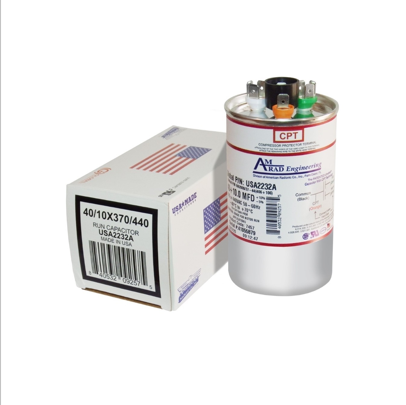 AmRad USA2232A Round Run Capacitor 40+10 uF MFD 370V / 440V Made In The U.S.A