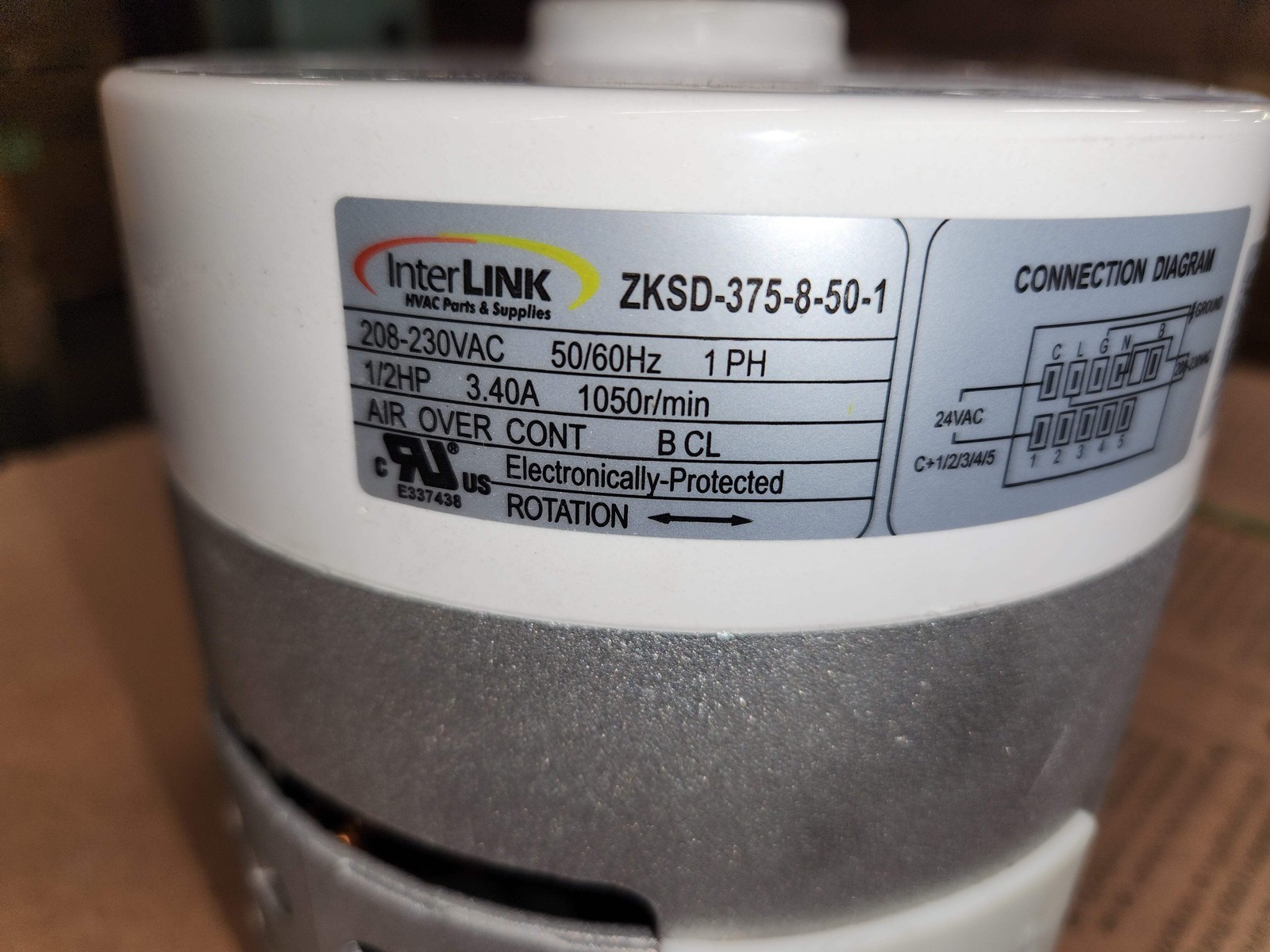 INTERLINK ZKSD-375-8-50-1 1/2 HP PROGRAMABLE ECM BLOWER MOTOR, 208-230/50-60/1