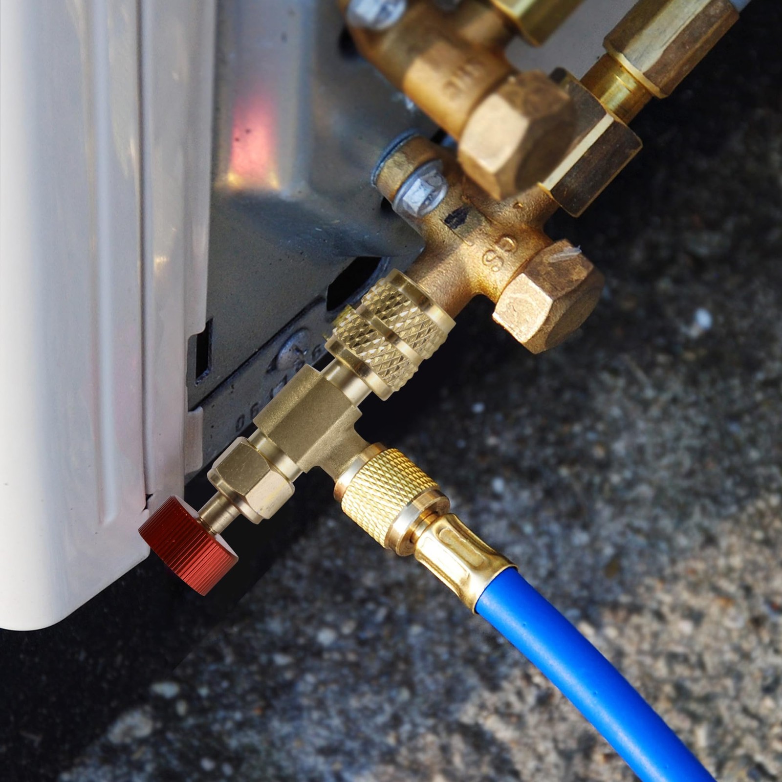 Refrigerant Charging Valve Set, 5/16″ Safety Adapter Flow R410A, Brass