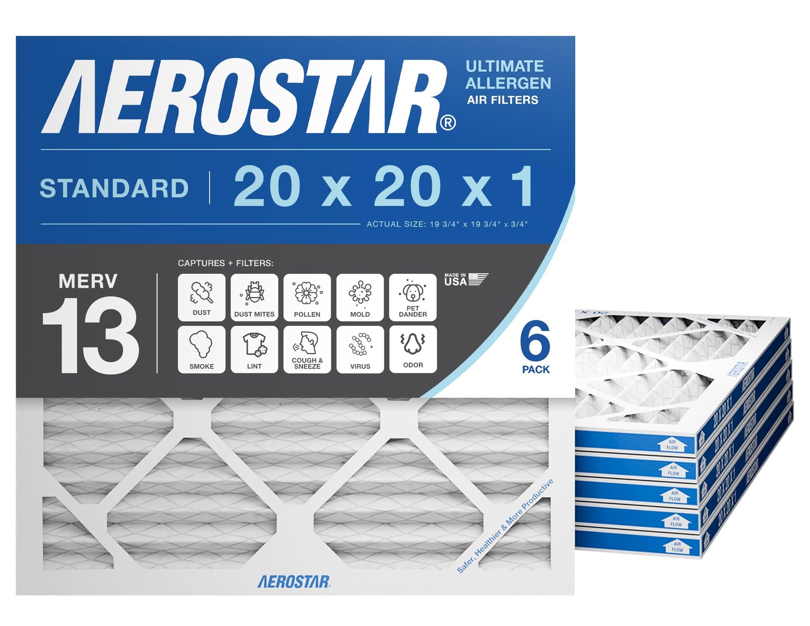 Aerostar 20x20x1 MERV 13 Air Filter, 6 Count, ACTUAL SIZE 6 PACK, 13