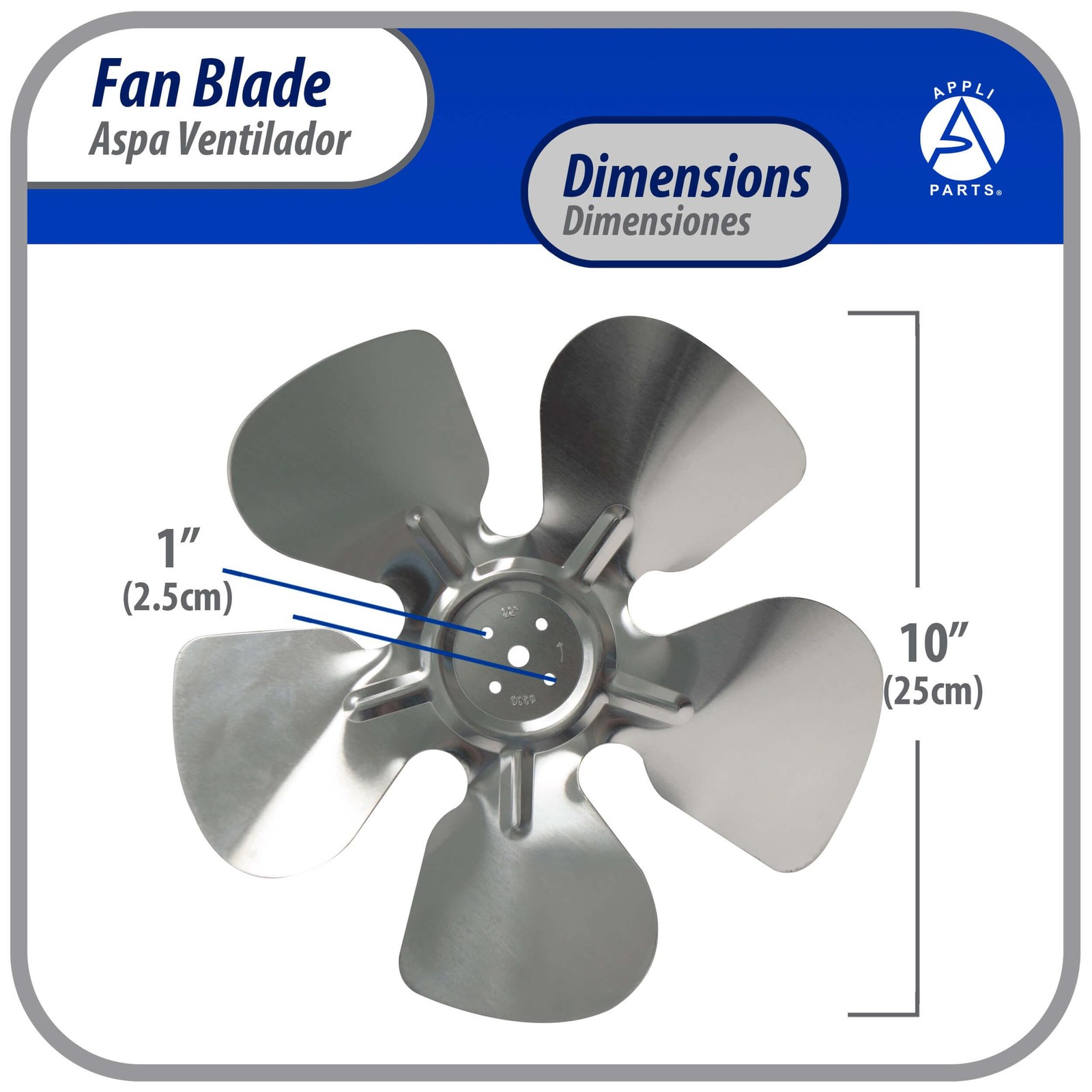 Appli Parts APFB-A10CCW Aluminum Fan Blade 10 in, 250 mm, CCW, 22 degrees, huble