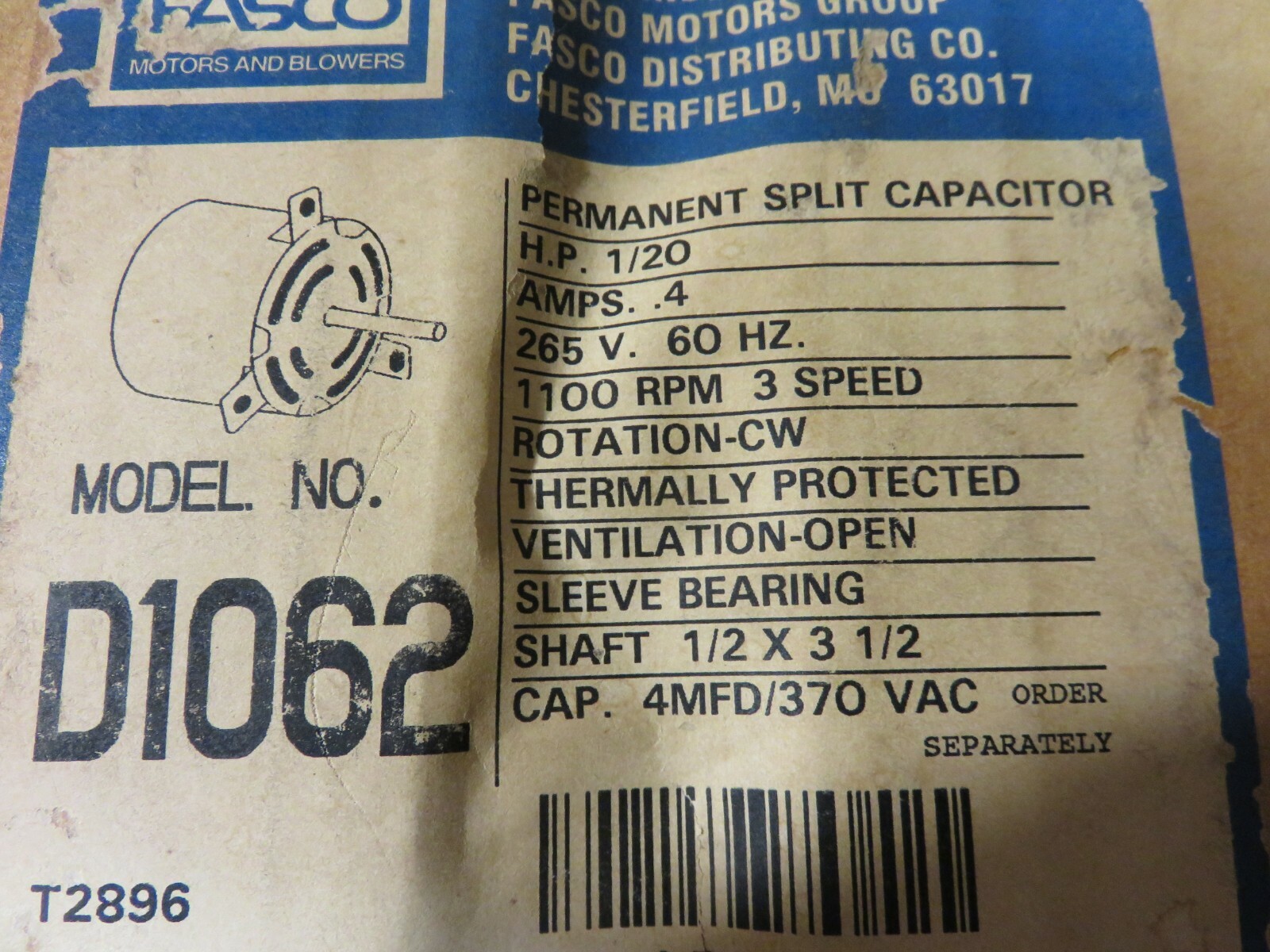 FASCO D1062 ELECTRIC MOTOR 265V 1/20 HP PART# 7177-0121