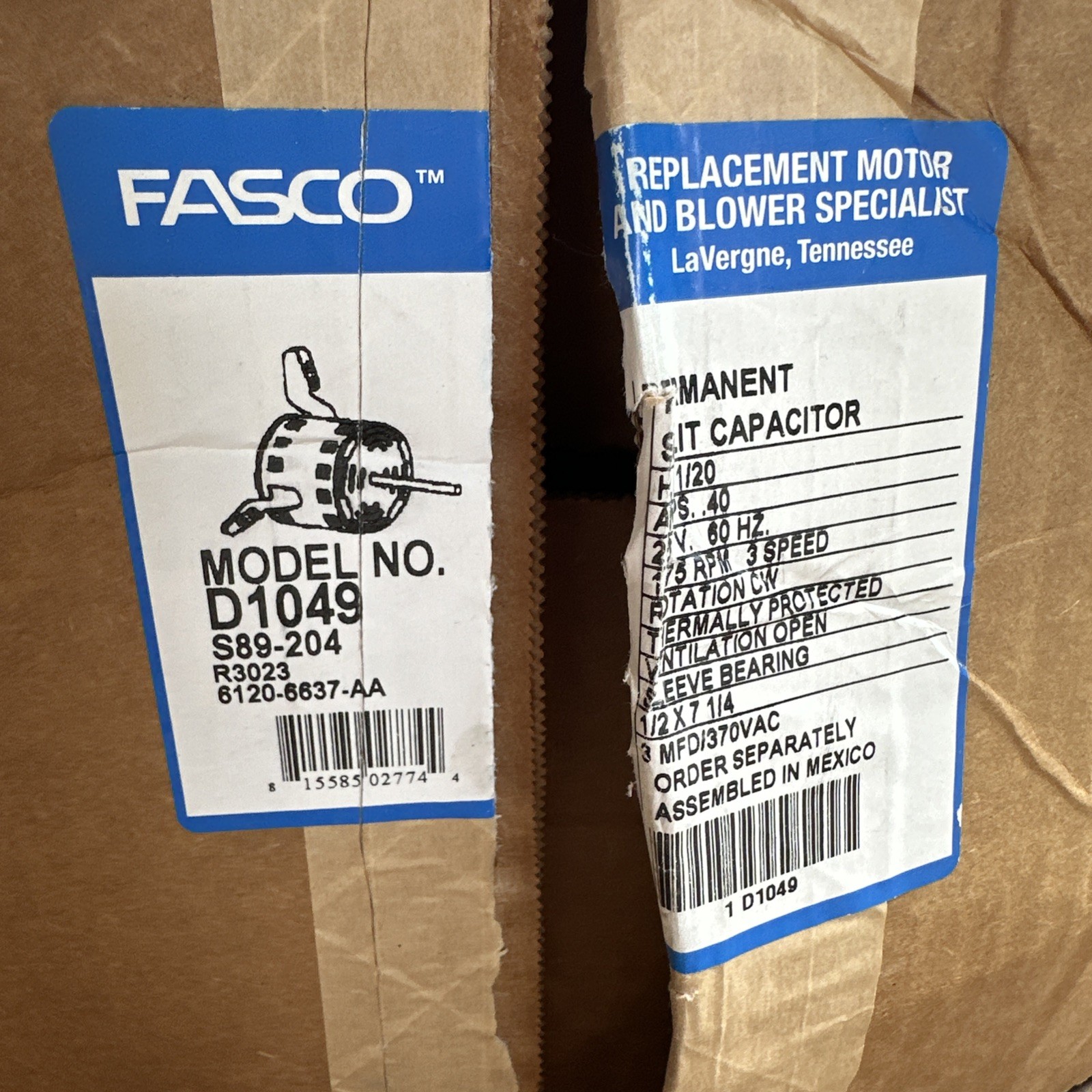 New Fasco Condenser Fan Motor D1049, 265V AC, 1/20 HP, 1075 RPM, 42 Frame, 1 PH