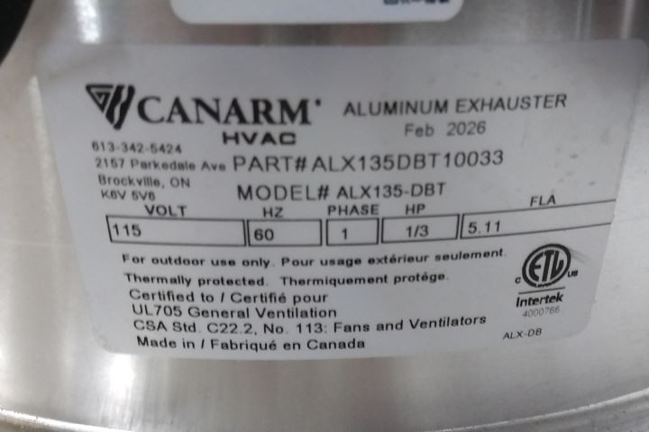 Canarm ALX135DBT10033 13-1/2 In Wheel Diameter 115/230VAC Downblast Exhauster