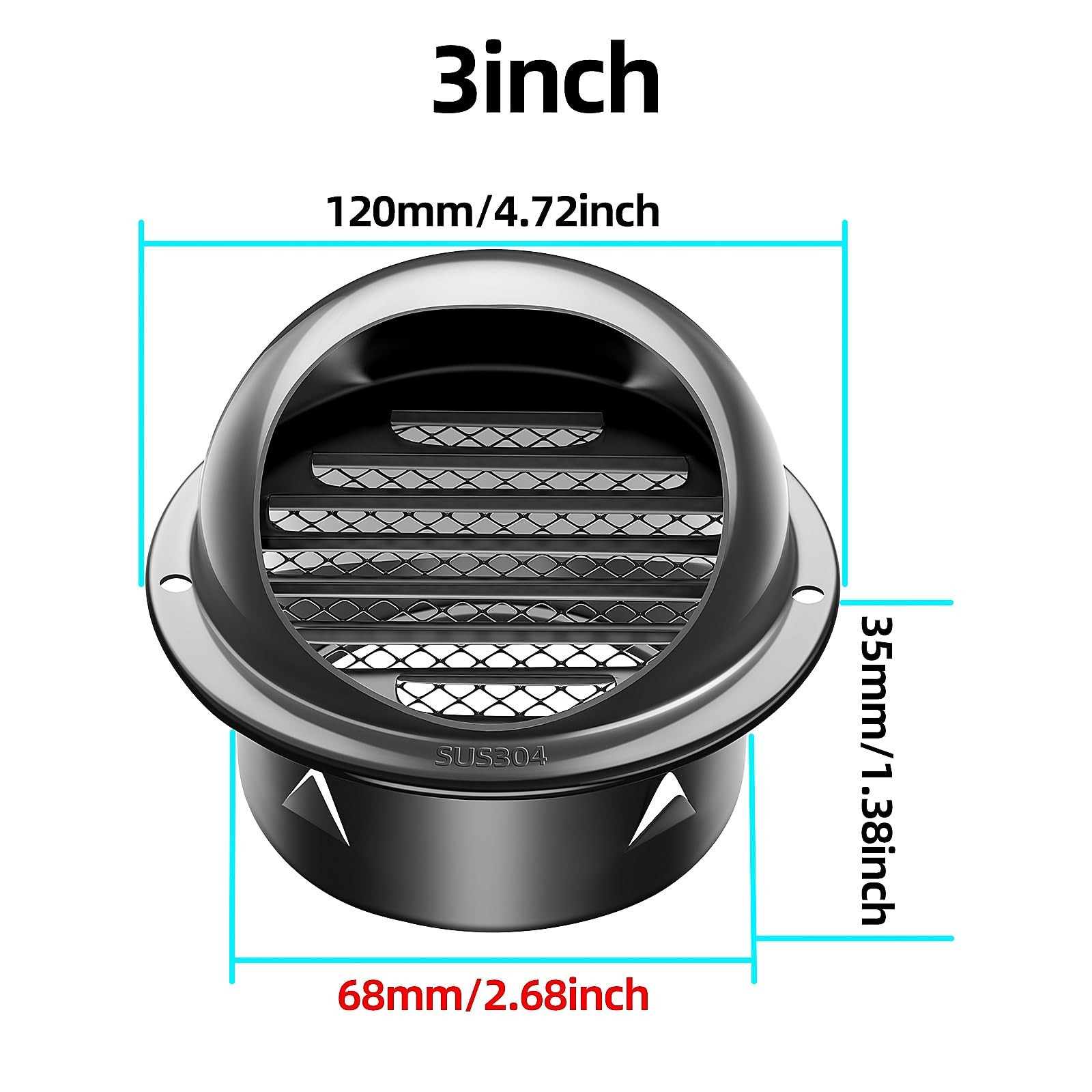 3 inch Round Wall Vent Cap, piiyoosnn 304 Stainless 3-inch（70mm）Black Paint